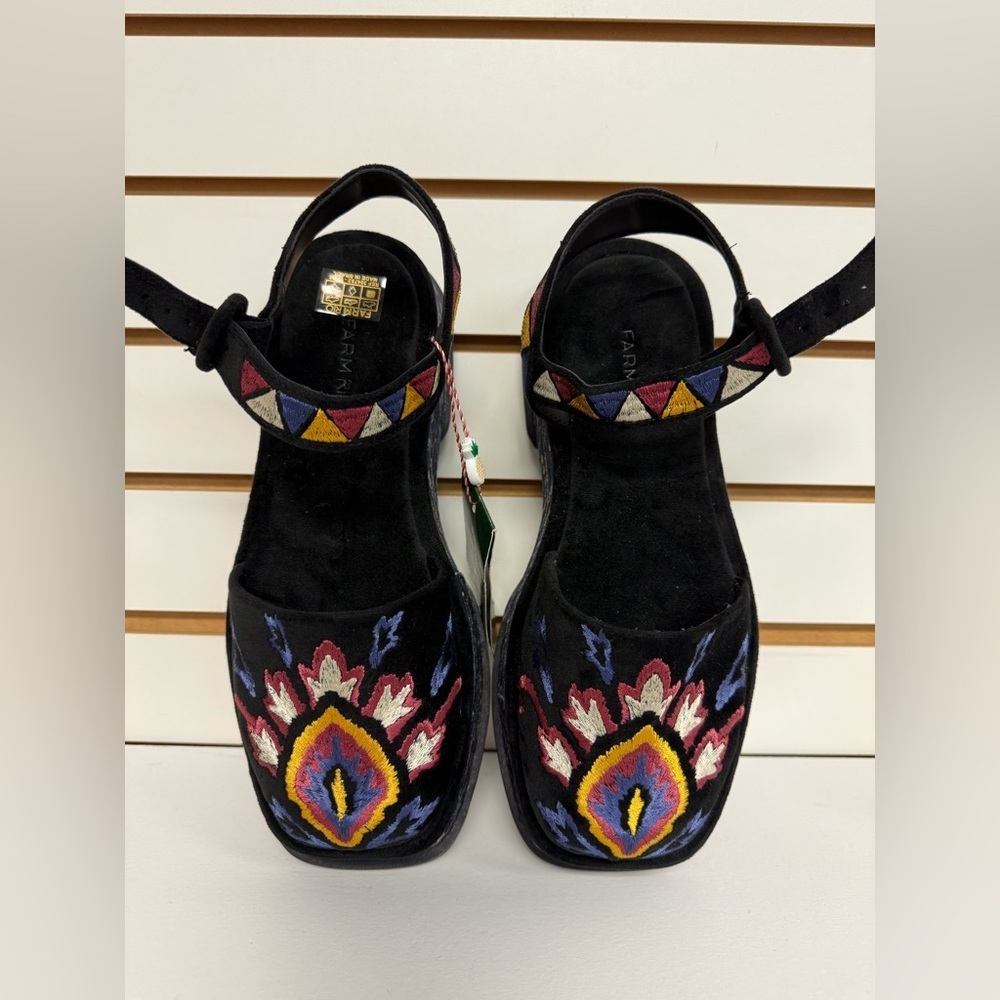 FARM Rio Black Suede Platform Sandals with Multicolor Embroidery